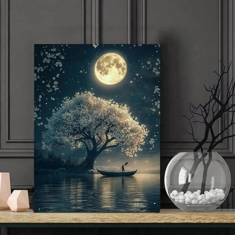 Moon Shines on The Water, an Ancient Man Rows 40x60cm Metal Print Ready to Hang
