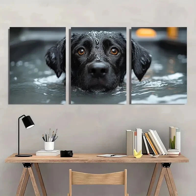 3pcs Black Labrador in Water Brown Eyes Metal Print Ready to Hang Art