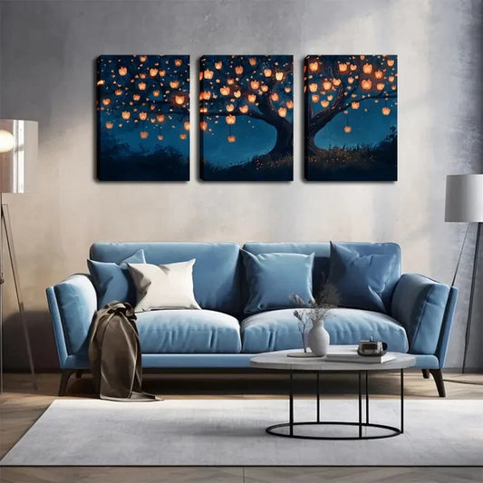 3pcs Vibrant Lanterns On Branches Design Perfect Wall Art Set Canvas Framed 40x60cm - High Quality Print 100% Australian Made Wall Canvas Ready to Hang
