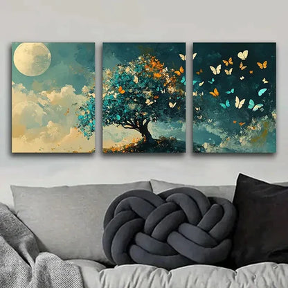 3pcs Butterfly Tree Design Durable Luxury Moon Wall Art Set Canvas Unframed - High Quality Print 100% Australian Made Wall Canvas