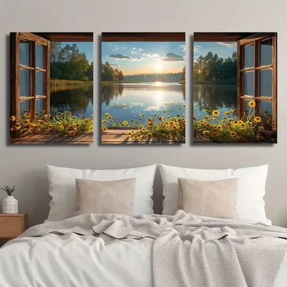 3pcs Flowers and Lake Scenery in the Sunset Wall Art Set Canvas Unframed - High Quality Print 100% Australian Made Wall Canvas