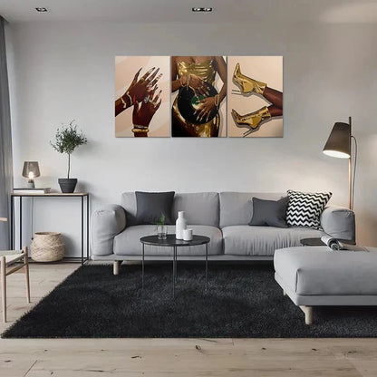 3pcs Golden Fashion Heels and Jewelry Metal Print Ready to Hang Art