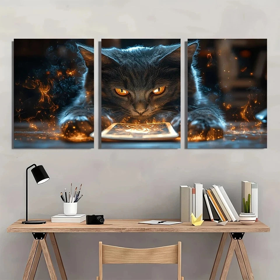 3pcs Black Cat Tarot Cat with Fiery Glow Metal Print Ready to Hang Art