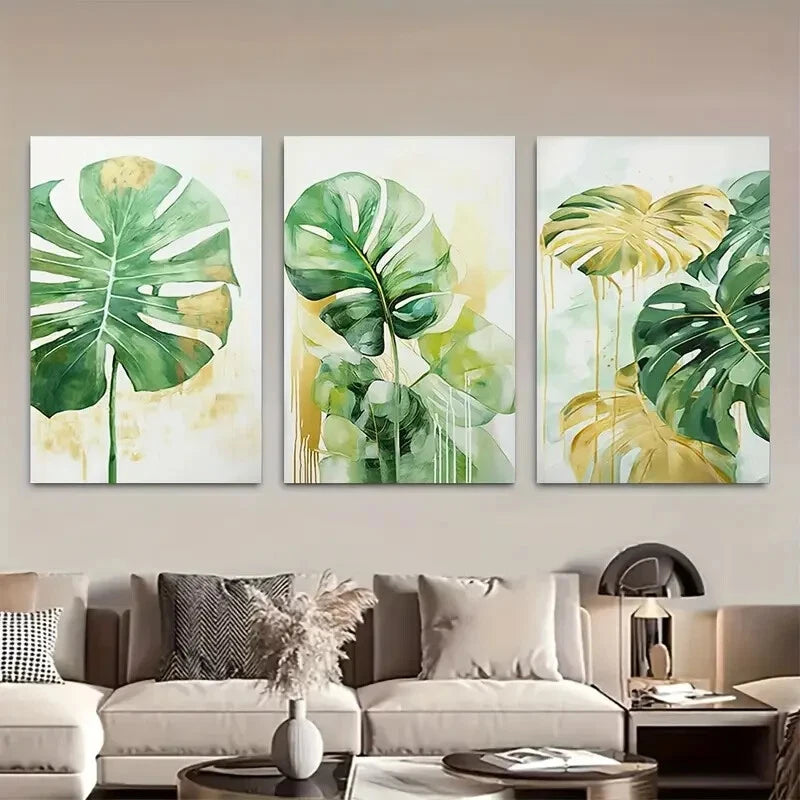 3pcs Monstera Deliciosa Sage Green Golden Boho Metal Print Ready to Hang Art