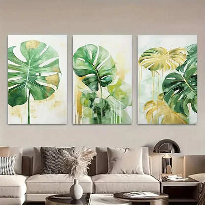 3pcs Monstera Deliciosa Sage Green Golden Boho Metal Print Ready to Hang Art