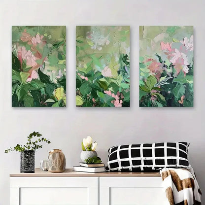 3pcs Floral Abstract Soft Pink and Green Flowers Metal Print Ready to Hang Art