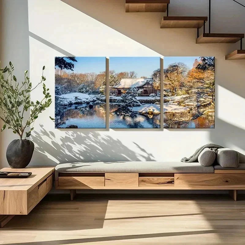 3pcs Snow Scene Cabin Tree Pond Wall Art Set Canvas Framed 40x60cm - High Quality Print 100% Australian Made Wall Canvas Ready to Hang