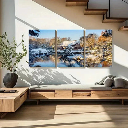 3pcs Snow Scene Cabin Tree Pond Wall Art Set Canvas Framed 40x60cm - High Quality Print 100% Australian Made Wall Canvas Ready to Hang