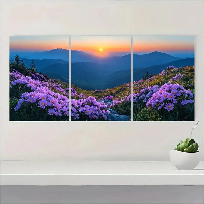 3pcs Blue Ridge Landscape with Vibrant Flowers Metal Print Ready to Hang Art
