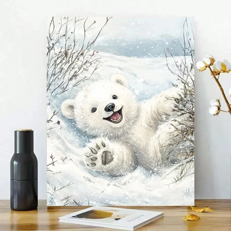 Cute Little Polar Bear Cub Rolling Around in The Snow 40x60cm Metal Print Ready to Hang