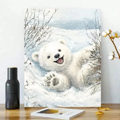 Cute Little Polar Bear Cub Rolling Around in The Snow 40x60cm Metal Print Ready to Hang