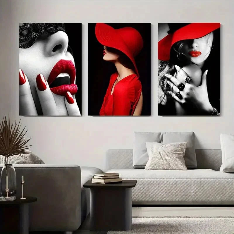 3pcs Chic Red Hat & Lipstick Fashion Perfect Wall Art Set Canvas Framed 40x60cm - High Quality Print 100% Australian Made Wall Canvas Ready to Hang