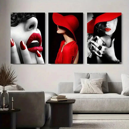 3pcs Chic Red Hat & Lipstick Fashion Perfect Wall Art Set Canvas Framed 40x60cm - High Quality Print 100% Australian Made Wall Canvas Ready to Hang