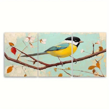 3pcs Chickadee Original Art Birds TI  Wall Art Set Canvas Framed 50x70cm - High Quality Print 100% Australian Made Wall Canvas Ready to Hang