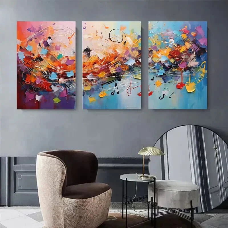 3pcs Vibrant Colorful Abstract Music Notes Metal Print Ready to Hang Art