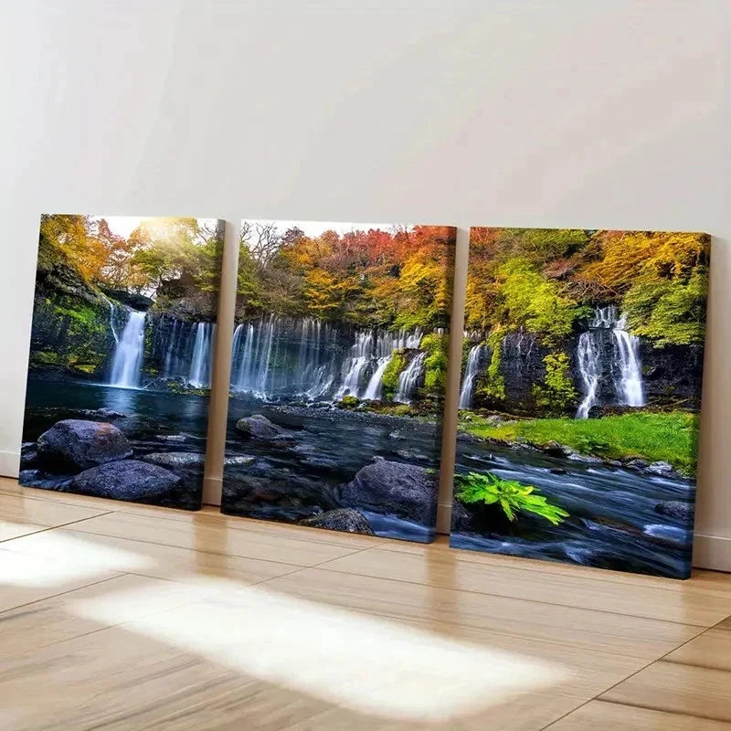 3pcs Vibrant Autumn Waterfall Landscape Wall Art Set Canvas Framed 40x60cm - High Quality Print 100% Australian Made Wall Canvas Ready to Hang
