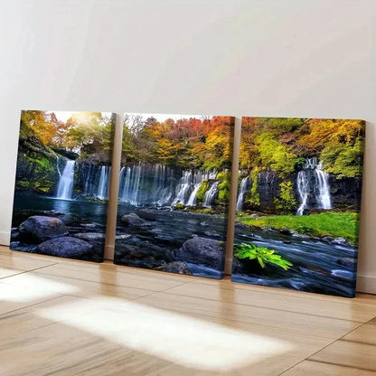 3pcs Vibrant Autumn Waterfall Landscape Wall Art Set Canvas Framed 40x60cm - High Quality Print 100% Australian Made Wall Canvas Ready to Hang