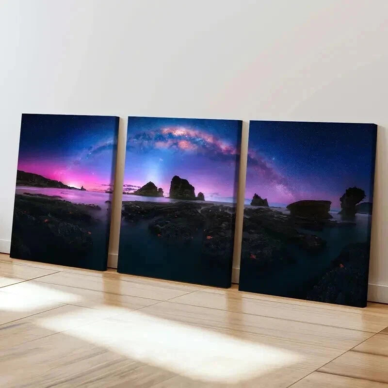3pcs Natural Landscape Aurora Black Rocks Wall Art Set Canvas Framed 40x60cm - High Quality Print 100% Australian Made Wall Canvas Ready to Hang