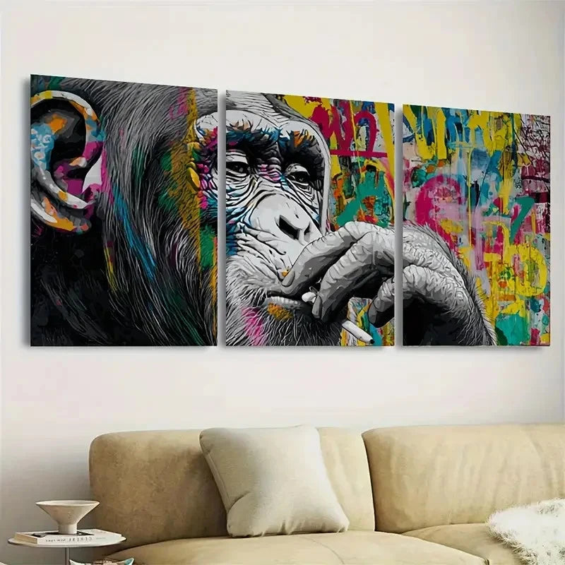 3pcs Graffiti Monkey Artwork Wall Art Set Canvas Framed 50x70cm - High Quality Print 100% Australian Made Wall Canvas Ready to Hang