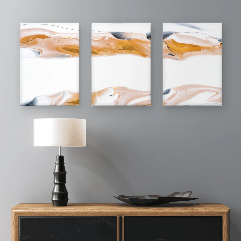 3pcs Minimalist Gold, White, and Black Fluid Art Wall Art Set Canvas Framed 60x90cm - High Quality Print 100% Australian Made Wall Canvas Ready to Hang
