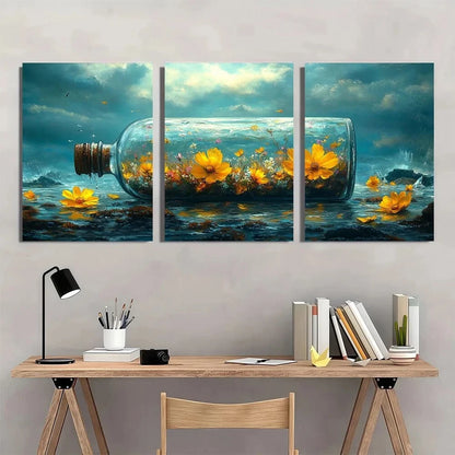 3pcs Vibrant Floral Bottle Oil Painting Metal Print Ready to Hang Art