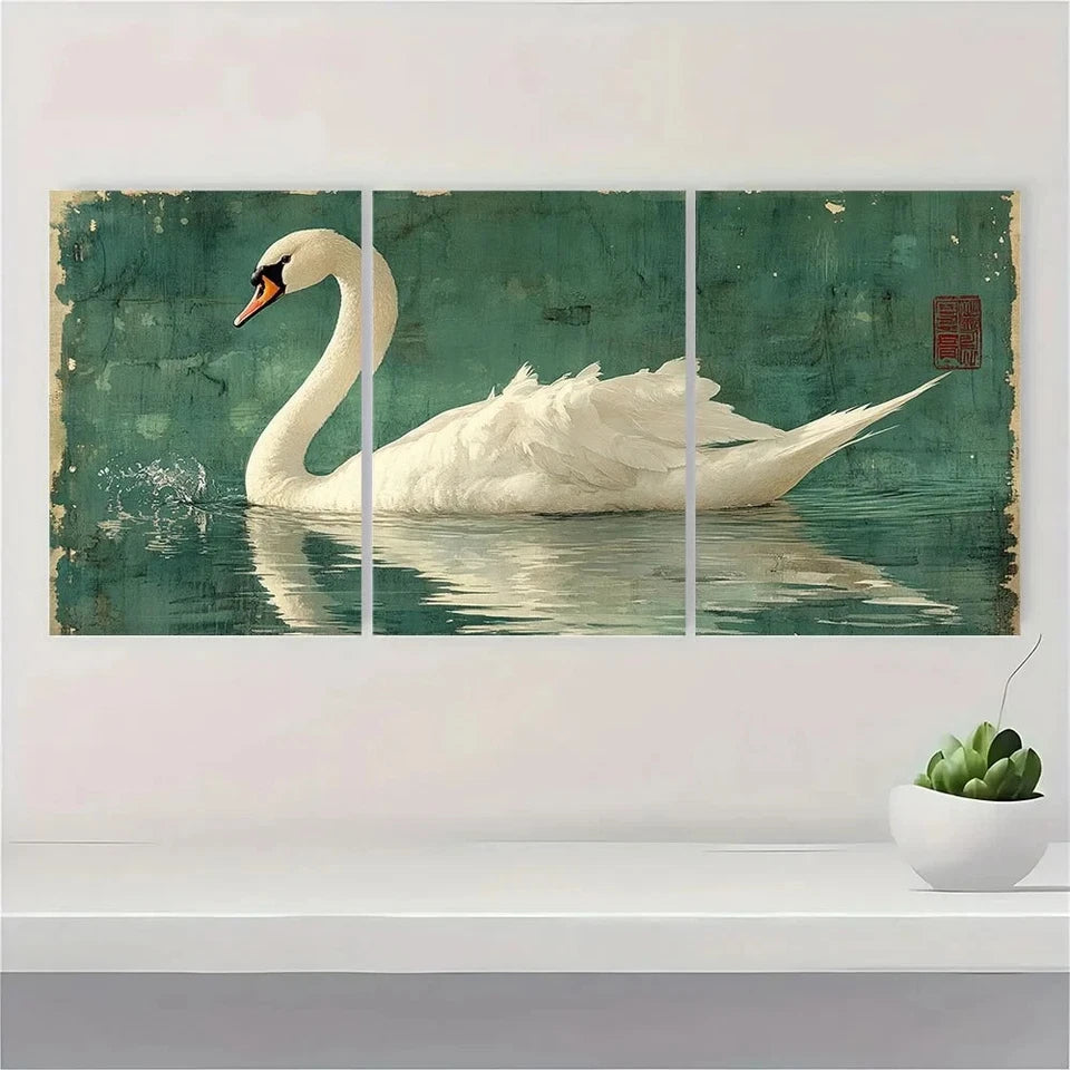 3pcs Vintage Swan White Bird Themed Metal Print Ready to Hang Art