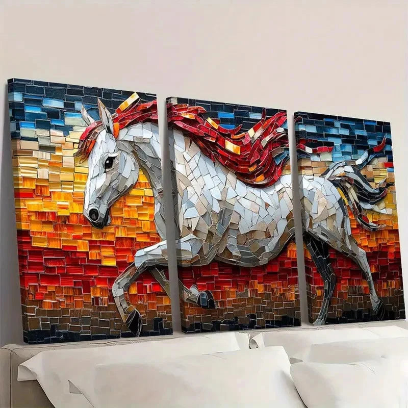 3pcs Mosaic Horse Vibrant Blue Red & Golden Wall Art Set Canvas Framed 60x90cm - High Quality Print 100% Australian Made Wall Canvas Ready to Hang