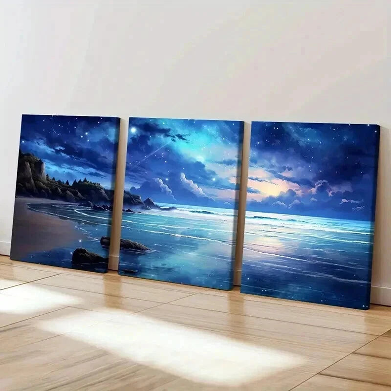 3pcs Fantasy Landscape Art Starry Sky Beach Wall Art Set Canvas Framed 40x60cm - High Quality Print 100% Australian Made Wall Canvas Ready to Hang