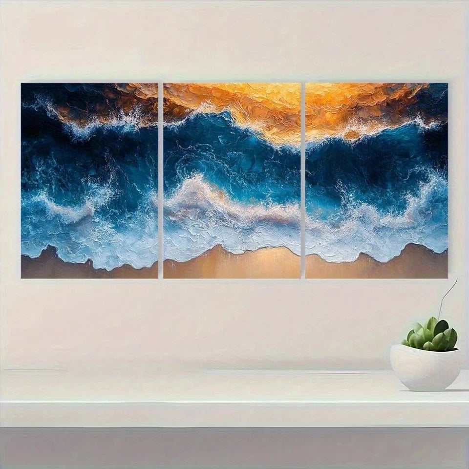 3pcs Abstract Ocean Beach Blue & Gold Metal Print Ready to Hang Art