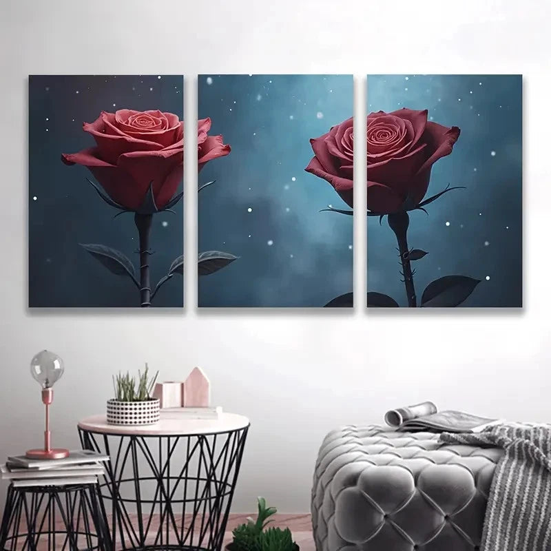 3pcs Red Roses with Starry Night Sky Wall Art Set Canvas Framed 60x90cm - High Quality Print 100% Australian Made Wall Canvas Ready to Hang