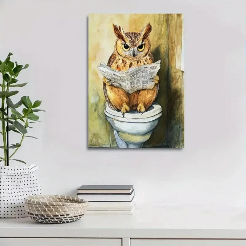 Whimsy Woodland Owl Charming Newspaper Painting 40x60cm Metal Print Ready to Hang