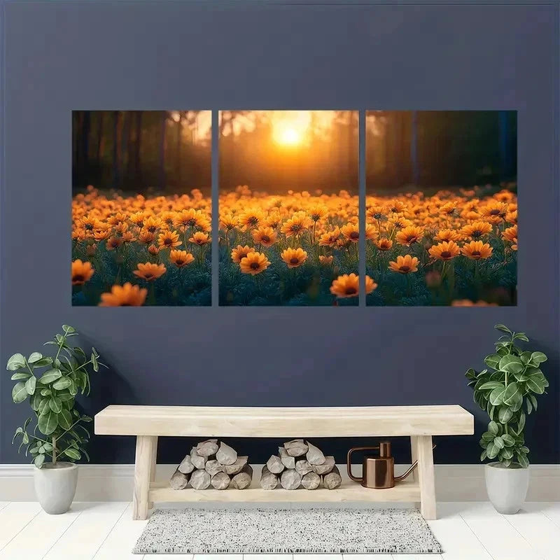 3pcs Orange Daisy Meadow Warm Sunlight Perfect Wall Art Set Canvas Framed 40x60cm - High Quality Print 100% Australian Made Wall Canvas Ready to Hang