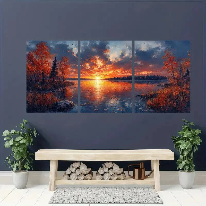 3pcs Serene Sunset Lake Scene with Autumn Trees Wall Art Set Canvas Framed 40x60cm - High Quality Print 100% Australian Made Wall Canvas Ready to Hang