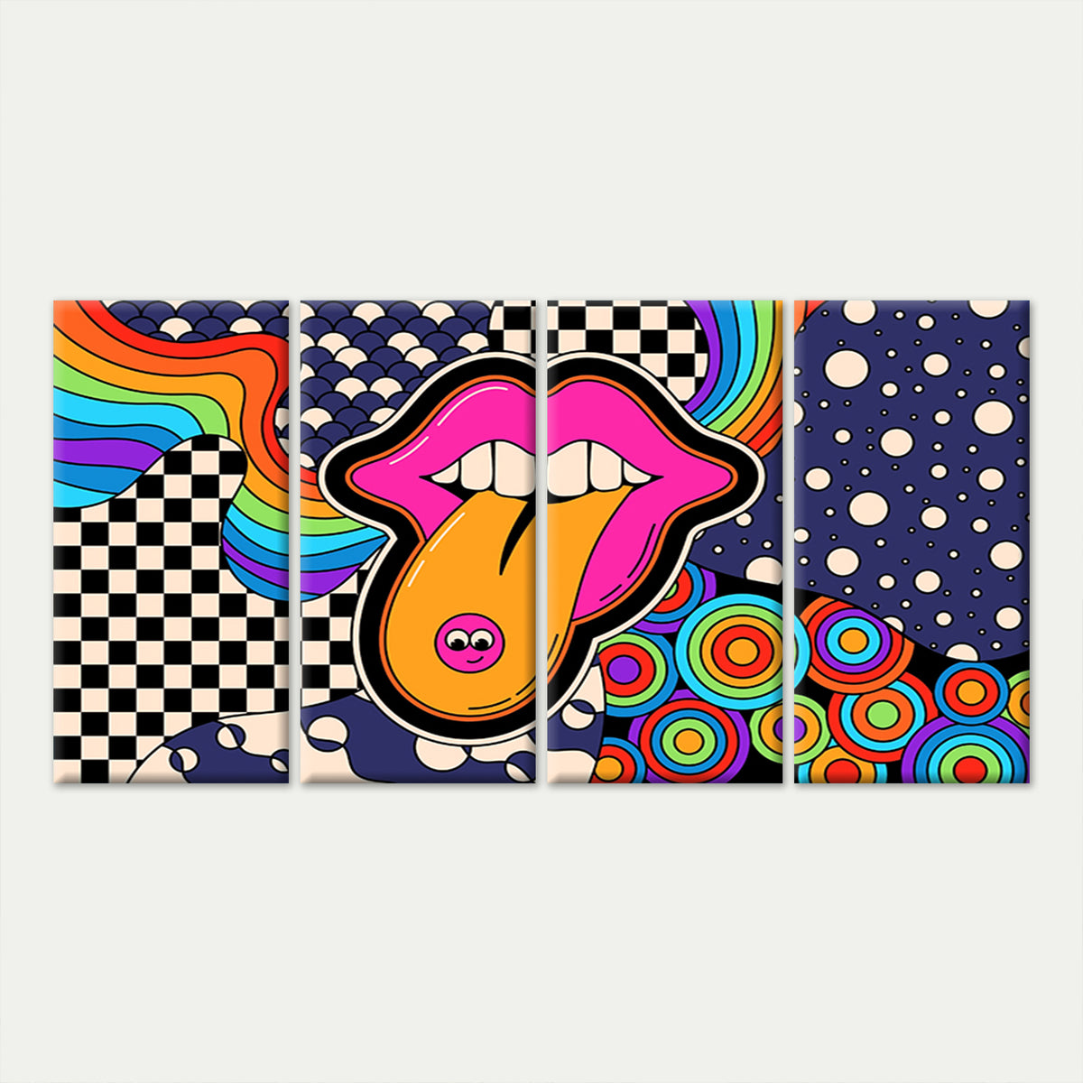 4pcs Retro Psychedelic Lip Pop Art Collage Wall Art Canvas Framed 45x80cm        - High Quality Print 100% Australian Made Wall Canvas Ready to Hang