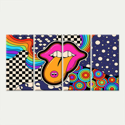 4pcs Retro Psychedelic Lip Pop Art Collage Wall Art Canvas Framed 45x80cm        - High Quality Print 100% Australian Made Wall Canvas Ready to Hang