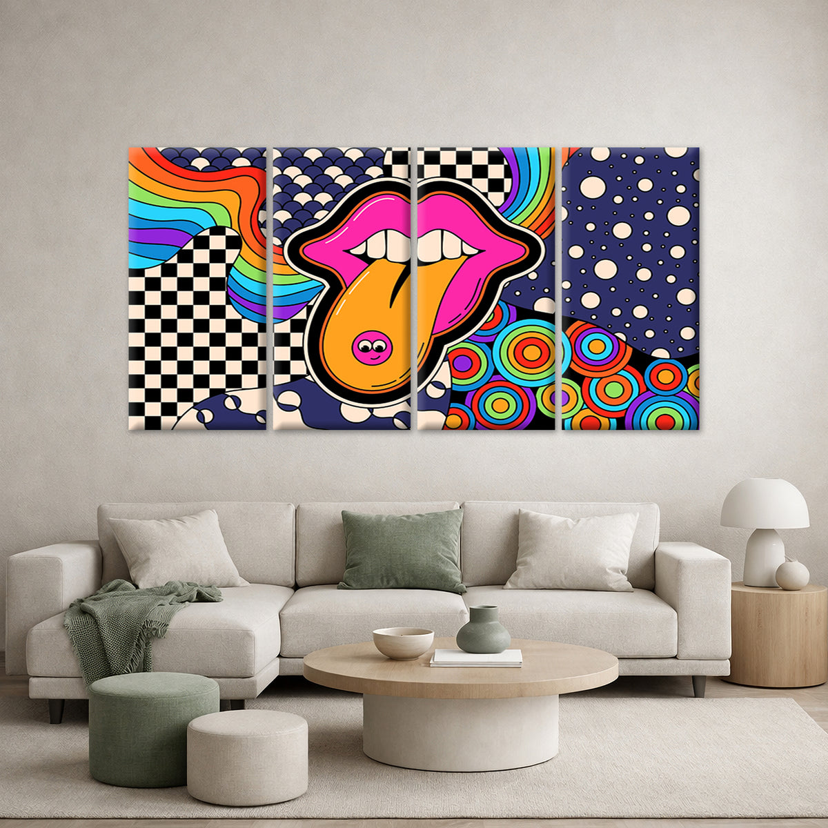 4pcs Retro Psychedelic Lip Pop Art Collage Wall Art Canvas Framed 45x80cm        - High Quality Print 100% Australian Made Wall Canvas Ready to Hang