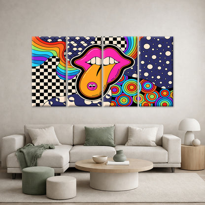 4pcs Retro Psychedelic Lip Pop Art Collage Wall Art Canvas Framed 45x80cm        - High Quality Print 100% Australian Made Wall Canvas Ready to Hang