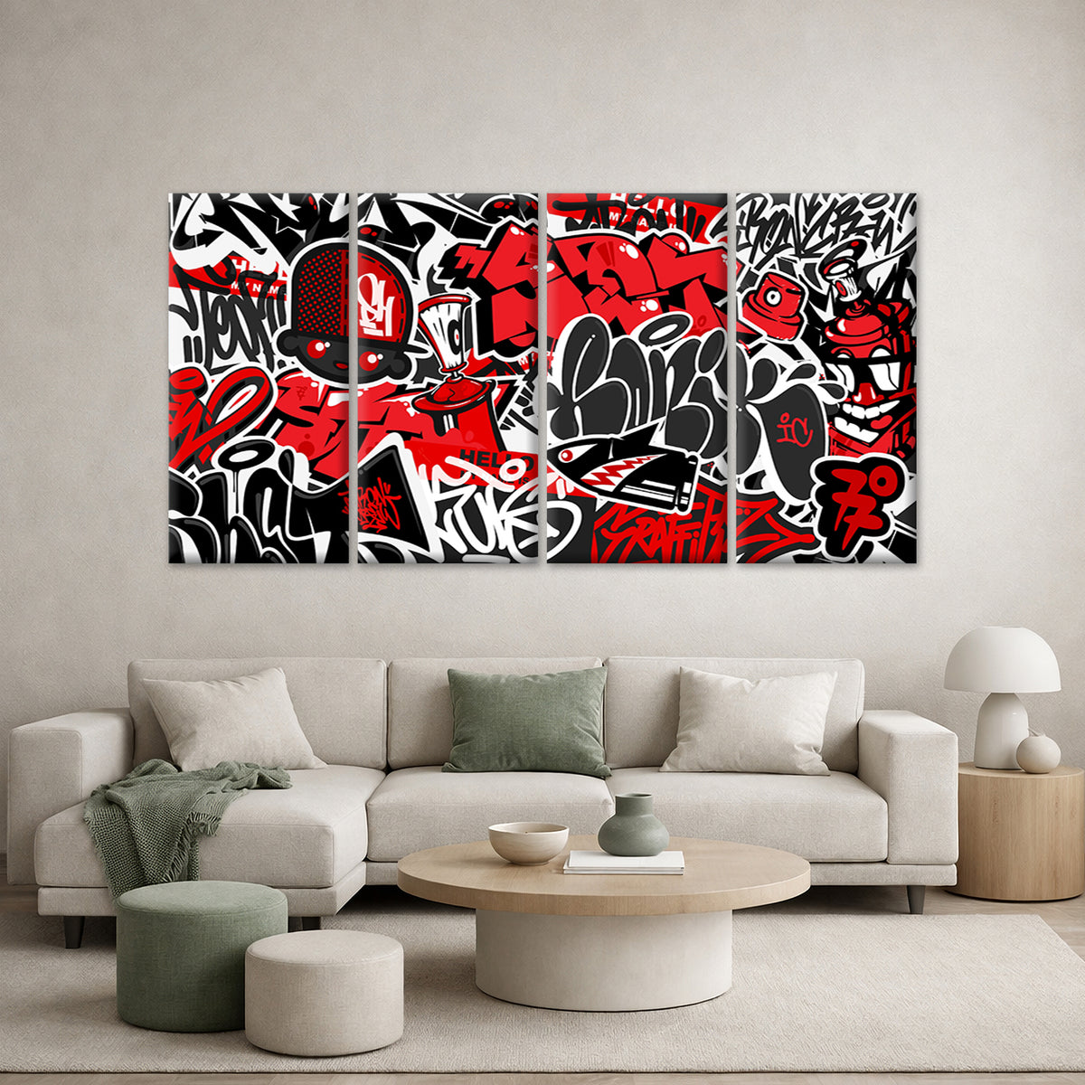 4pcs Red Black Graffiti Urban Street Cartoon Wall Art Canvas Framed 45x80cm        - High Quality Print 100% Australian Made Wall Canvas Ready to Hang