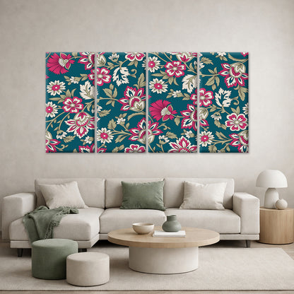 4pcs Vintage Teal Pink Floral Pattern Print Wall Art Canvas Framed 45x80cm        - High Quality Print 100% Australian Made Wall Canvas Ready to Hang