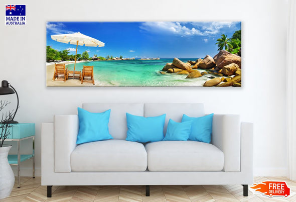 Panoramic Canvas Stunning Beach View with Summer Hut Photograph High Quality 100% Australian made wall Canvas Print ready to hang