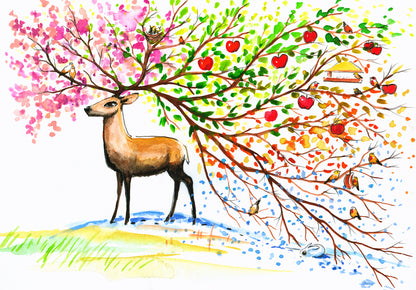 Deer with Floral Antler Watercolor Painting Home Decor Premium Quality Poster Print Choose Your Sizes