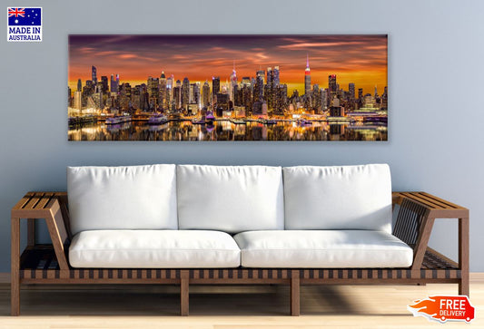 Panoramic Canvas New York City at Sunrise with Reflections in Hudson River High Quality 100% Australian made wall Canvas Print ready to hang