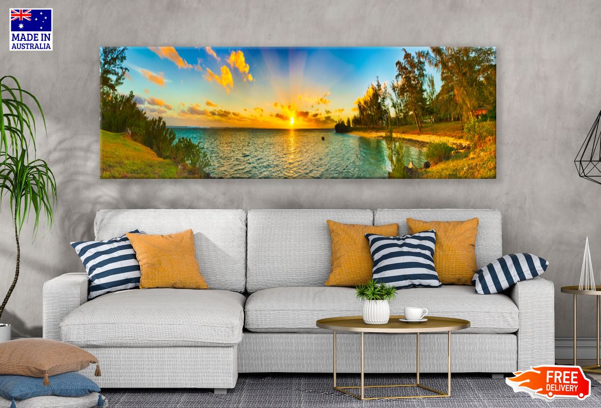 Panoramic Canvas Coastal View At Sunset High Quality 100% Australian made wall Canvas Print ready to hang