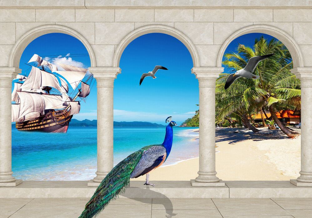 Wallpaper Murals Peel and Stick Removable Birds & Ship Sailing On Beach High Quality