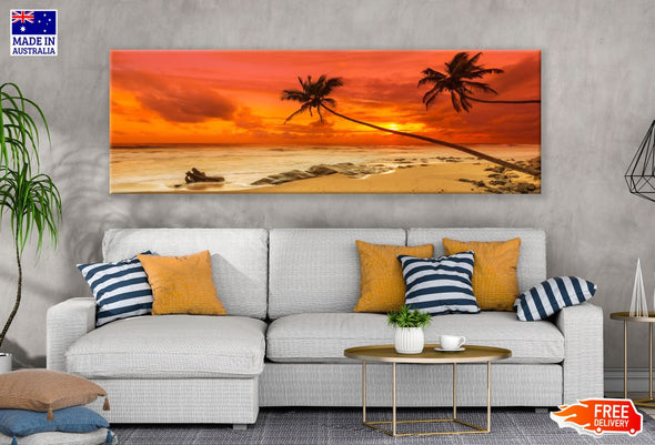 Panoramic Canvas Tropical Beach with Palm Trees at Sunset High Quality 100% Australian made wall Canvas Print ready to hang
