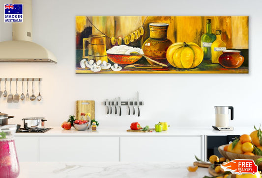 Panoramic Canvas Kitchen Items & Vegetables with Bottles Painting High Quality 100% Australian made wall Canvas Print ready to hang