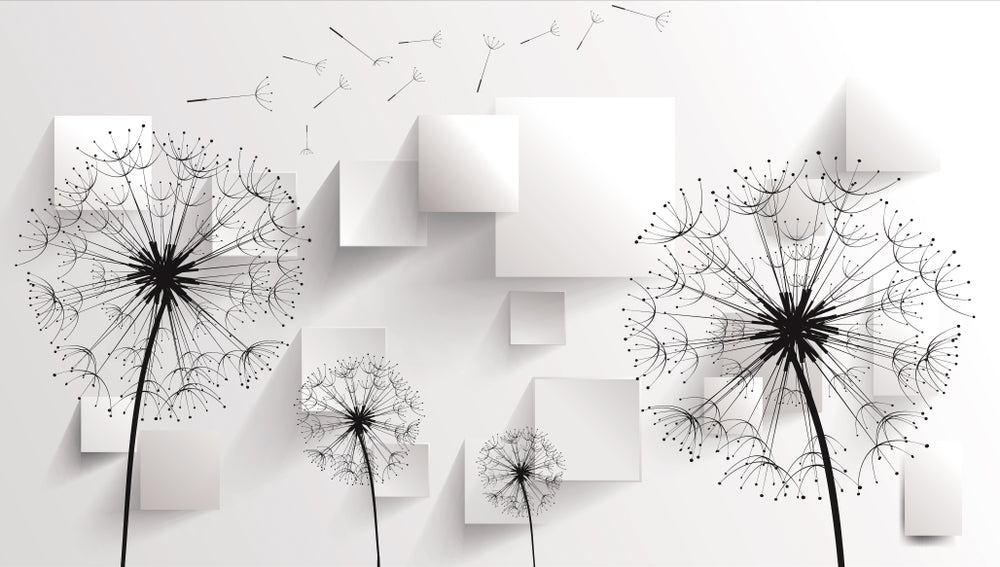 B&W Dandelion Flowers with 3 D Squares Print 100% Australian Made