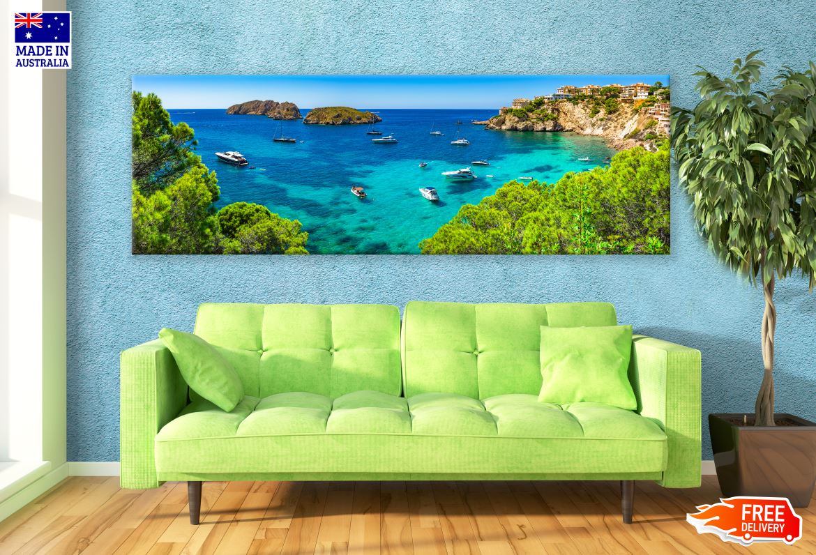 Panoramic Canvas Beautiful Seascape Bay with Luxury Yachts at the Coast High Quality 100% Australian made wall Canvas Print ready to hang