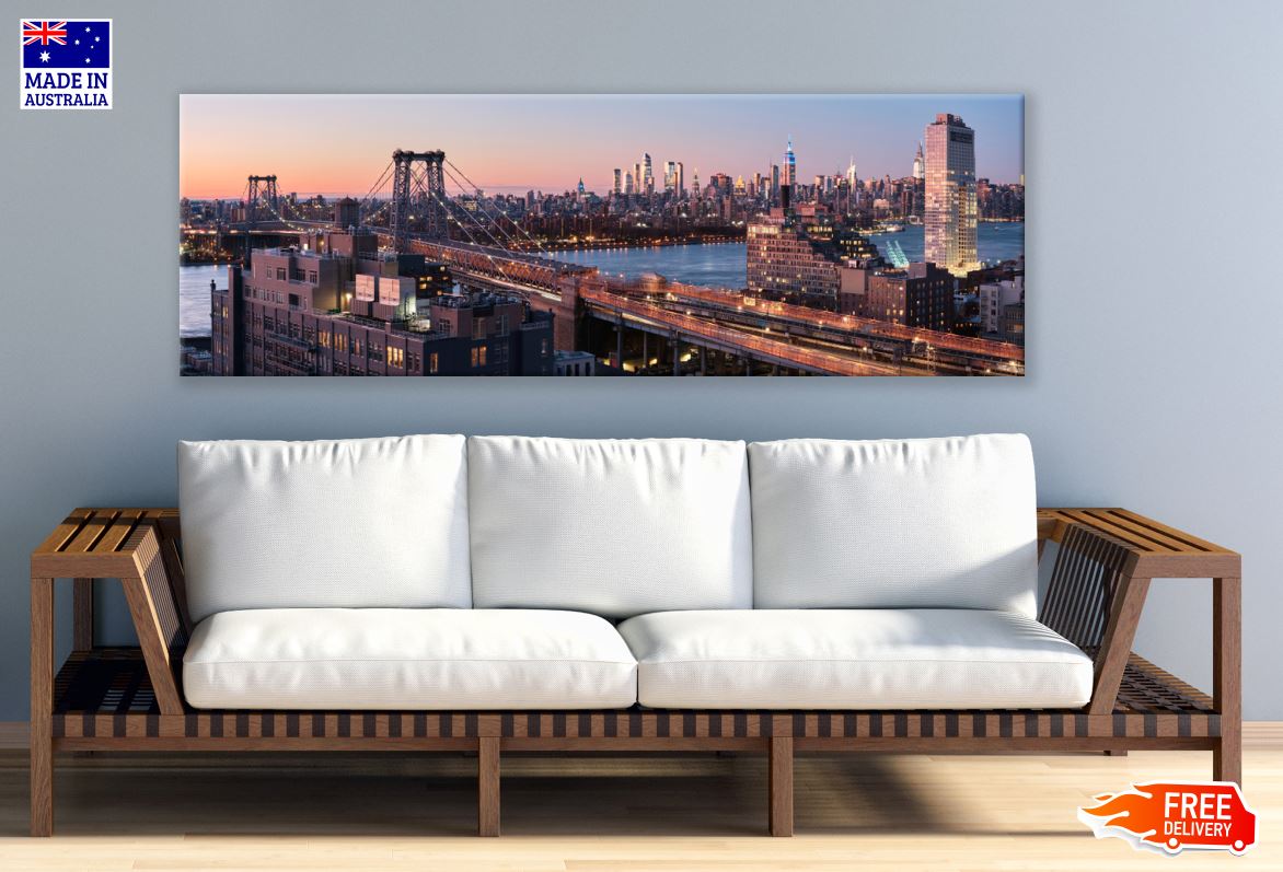 Panoramic Canvas Williamsburg Bridge in Brooklyn with Midtown Manhattan Skyline High Quality 100% Australian made wall Canvas Print ready to hang