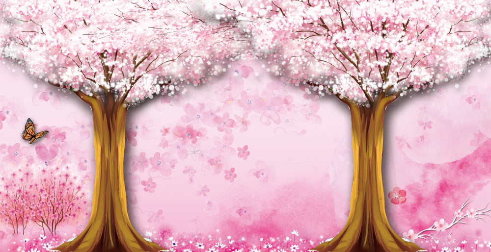 Wallpaper Murals Peel and Stick Removable Pink Flowers Trees Design High Quality